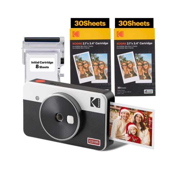 KODAK Mini Shot 2 Retro 4Pass 2-in-1 Instant Camera and Portable Photo Printer (5.3 x 8.6 cm) plus Package with 68 Sheets, White