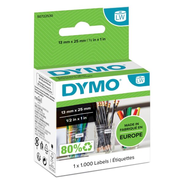 DYMO Authentic LabelWriter Small Multi-Purpose Labels | 13 mm x 25 mm | Self-Adhesive | Roll of 1000 | Easy-Peel Labels | for LabelWriter Label Makers | Made in Europe