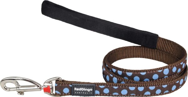 Red Dingo Dog Lead 1.2m Design, Blue Spots on Brown, Size X-Small (12mm x 1.2m)