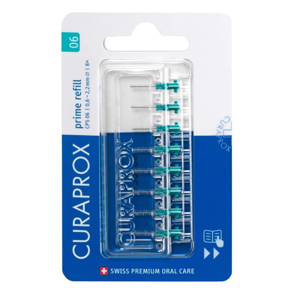 Curaprox CPS 06 Prime Refill Interdental Brushes, Turquoise, 8 Count - 8 x 0.6mm - 2.2mm Internal Toothbrushes.