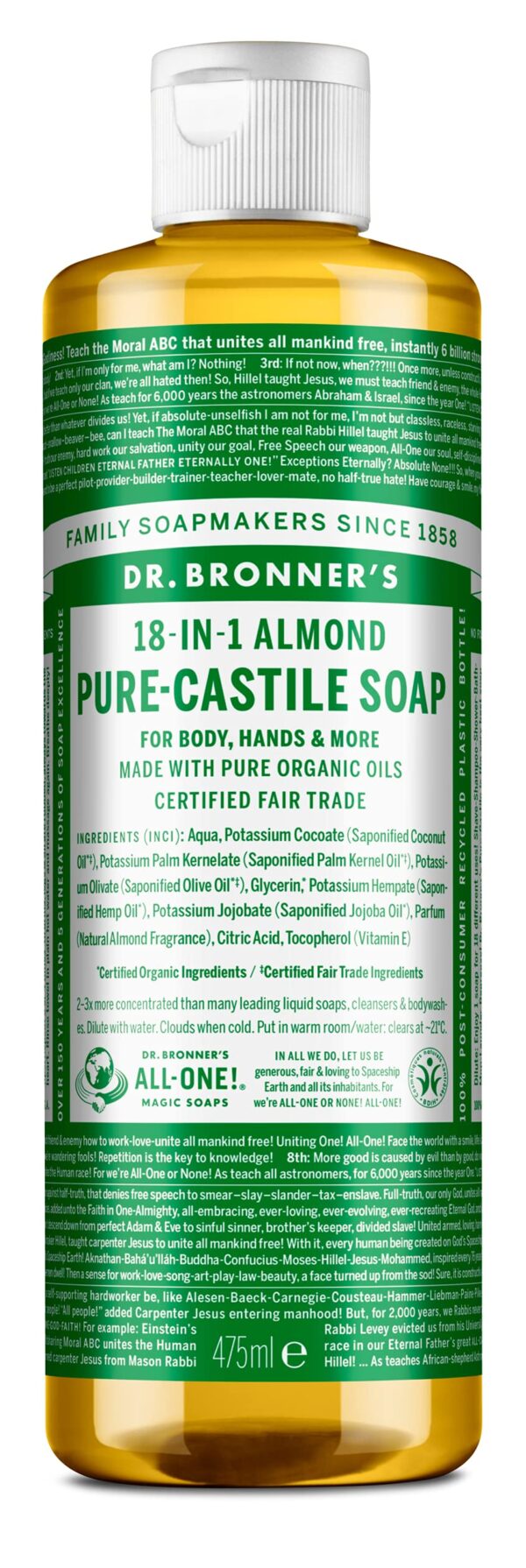 Dr. Bronner's - Pure Castile Liquid Soap Almond 475 ml, Black, 16 Ounce