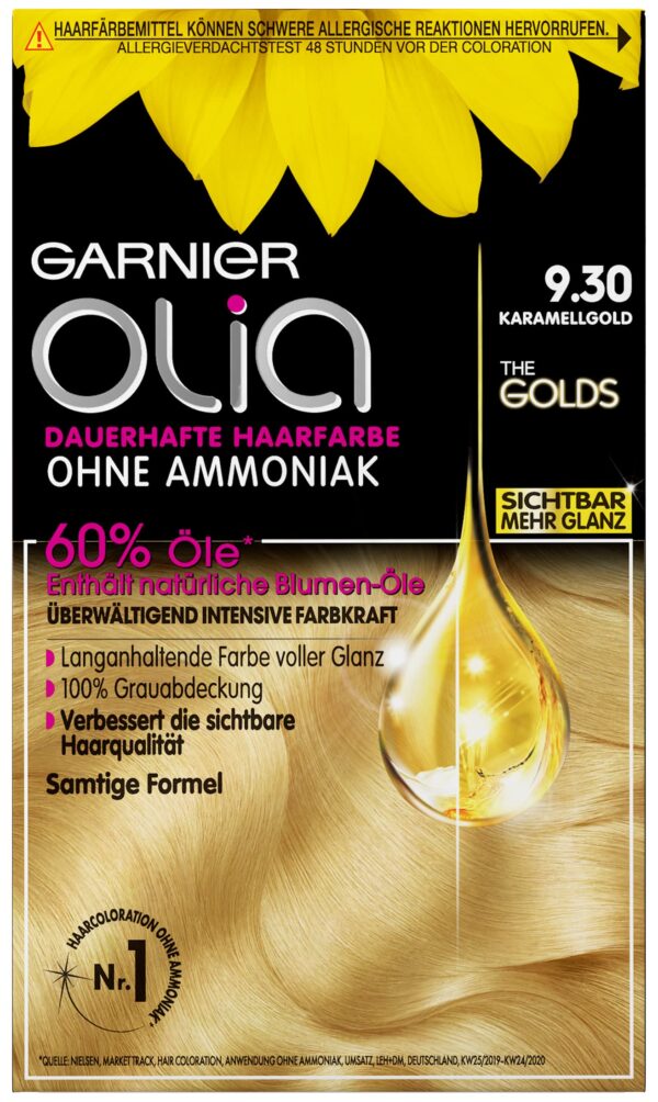 Garnier Permanent Hair Colour without Ammonia with Nourishing Natural Oils, Full Grey Hair Coverage, Olia Permanent Colouration, 9.30 Caramel Gold (Blonde), 1 Piece