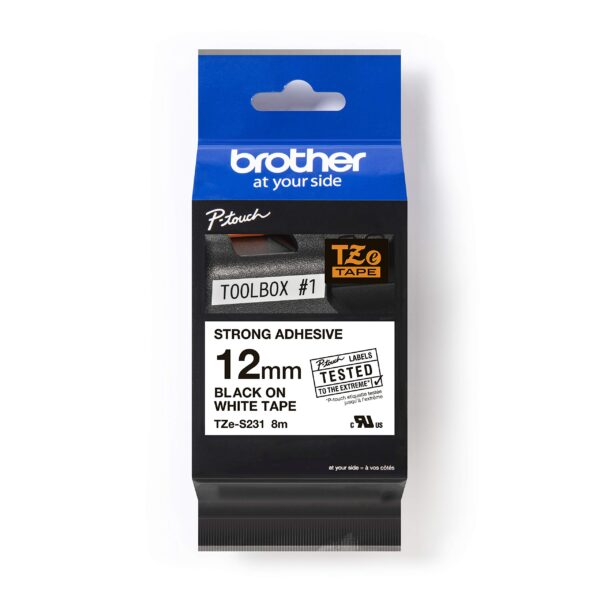 Brother TZe-S231 - Extra strength adhesive - black on white - Roll (1.2 cm x 8 m) 1 cassette(s) laminated tape - for Brother PT-D210, D600, H110, P-Touch PT-1005, 1880, E800, H110, P-Touch Cube Plus PT-P710