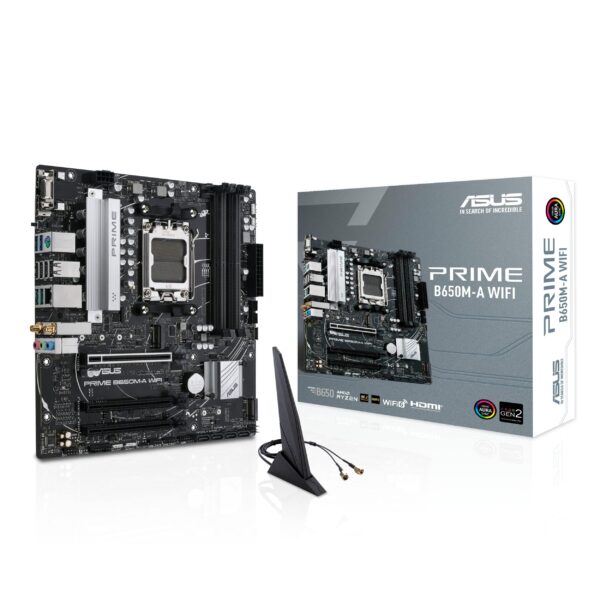 AMD B650 Micro-ATX motherboard, DDR5, PCIe 5.0 M.2 support, 2.5Gb Ethernet, Wi-Fi 6, DisplayPort, VGA, HDMI, SATA 6 Gbps, USB 3.2 Gen 2 ports, front USB 3.2 Gen 1 Type-C, BIOS FlashBack, Arua Sync