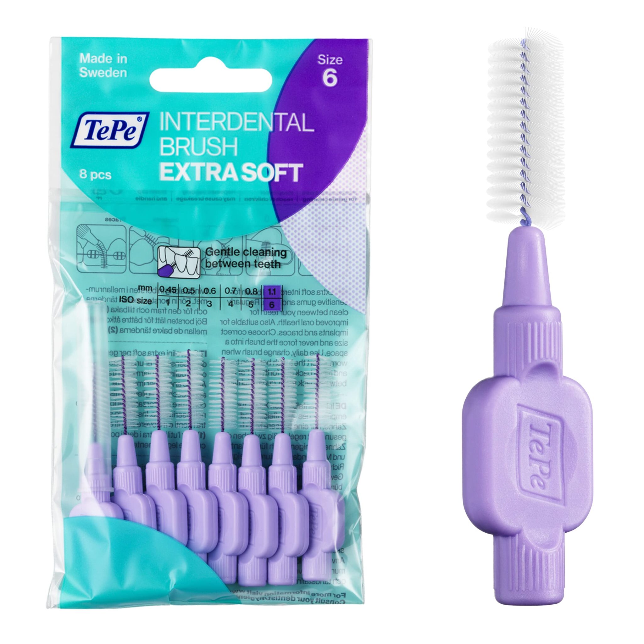 TePe Interdental Brushes Purple Extra Soft (1.1Mm - Size 6) / Simple And Effective Cleaning Of Interdental Spaces / 1 X 8 Brushes 8