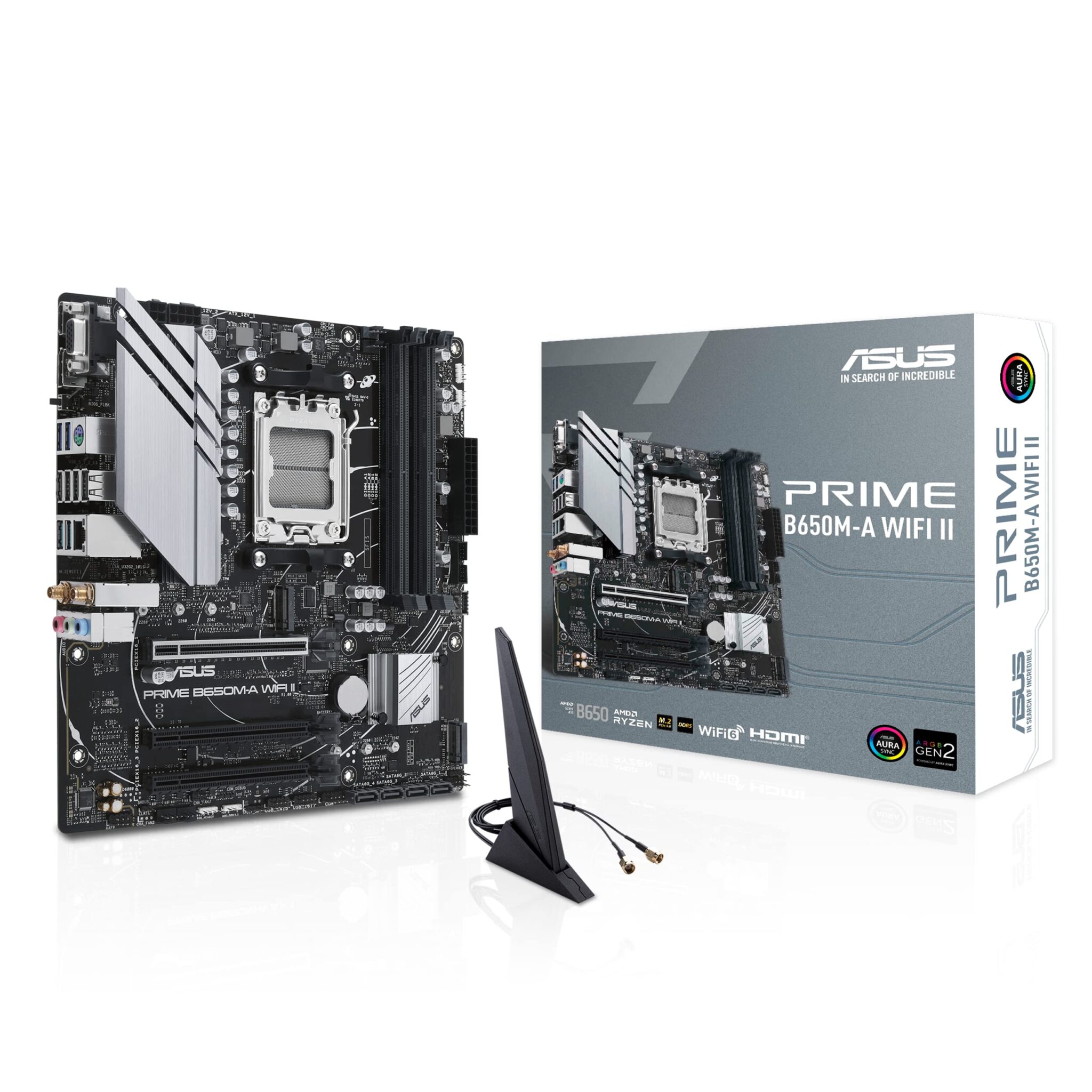 ASUS Prime B650M-A WiFi II AMD AM5 Micro-ATX Motherboard (DDR5, PCIe 5.0 M.2 support, 2.5Gb Ethernet, WiFi 6, DisplayPort, VGA, HDMI, SATA 6 Gbps, USB 3.2 Gen 2 ports, BIOS FlashBack, Arua Sync)