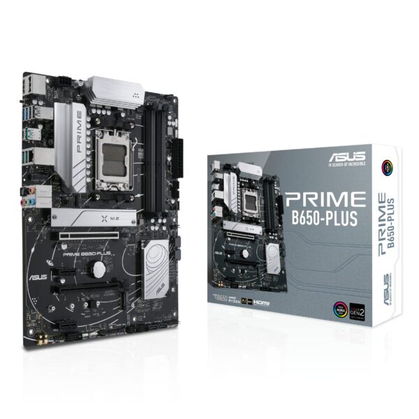 ASUS Prime B650-Plus AMD AM5 ATX Motherboard (DDR5, PCIe 5.0 M.2 support, 2.5Gb Ethernet, DisplayPort, HDMI, SATA 6 Gbps, USB 3.2 Gen 2 Type-C, front USB 3.2 Gen 1 Type-C, BIOS FlashBack, Arua Sync)