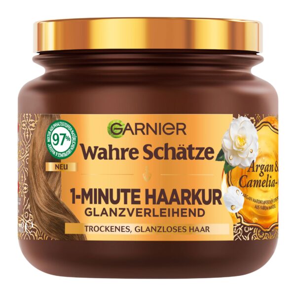 Wahre Schätze 1-Minute Hair Treatment for Dry and Dull Hair, with Argan Oil and Camelia Oil for Shine and Suppleness, Vegan Formula, 1 x 340 ml