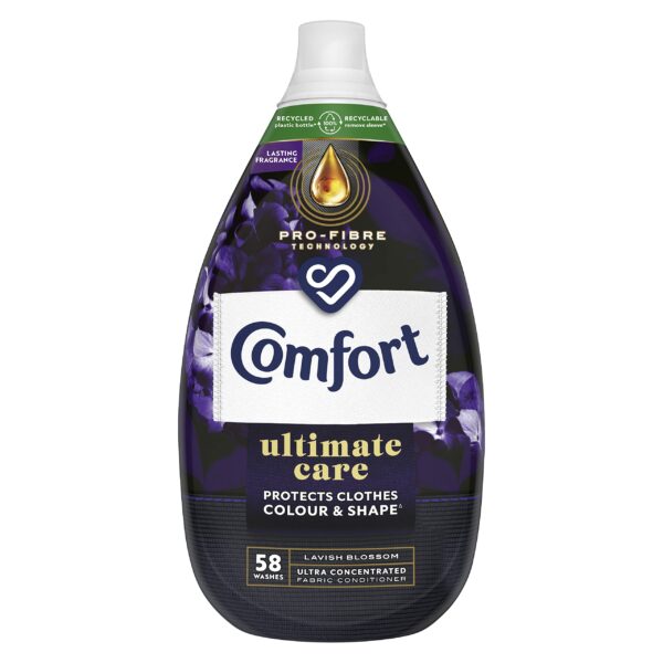 Comfort Lavish Blossom Ultra-Concentrated Fabric Conditioner bottle made of 100% recycled plastic* for complete clothes protection 870 ml (58 washes)