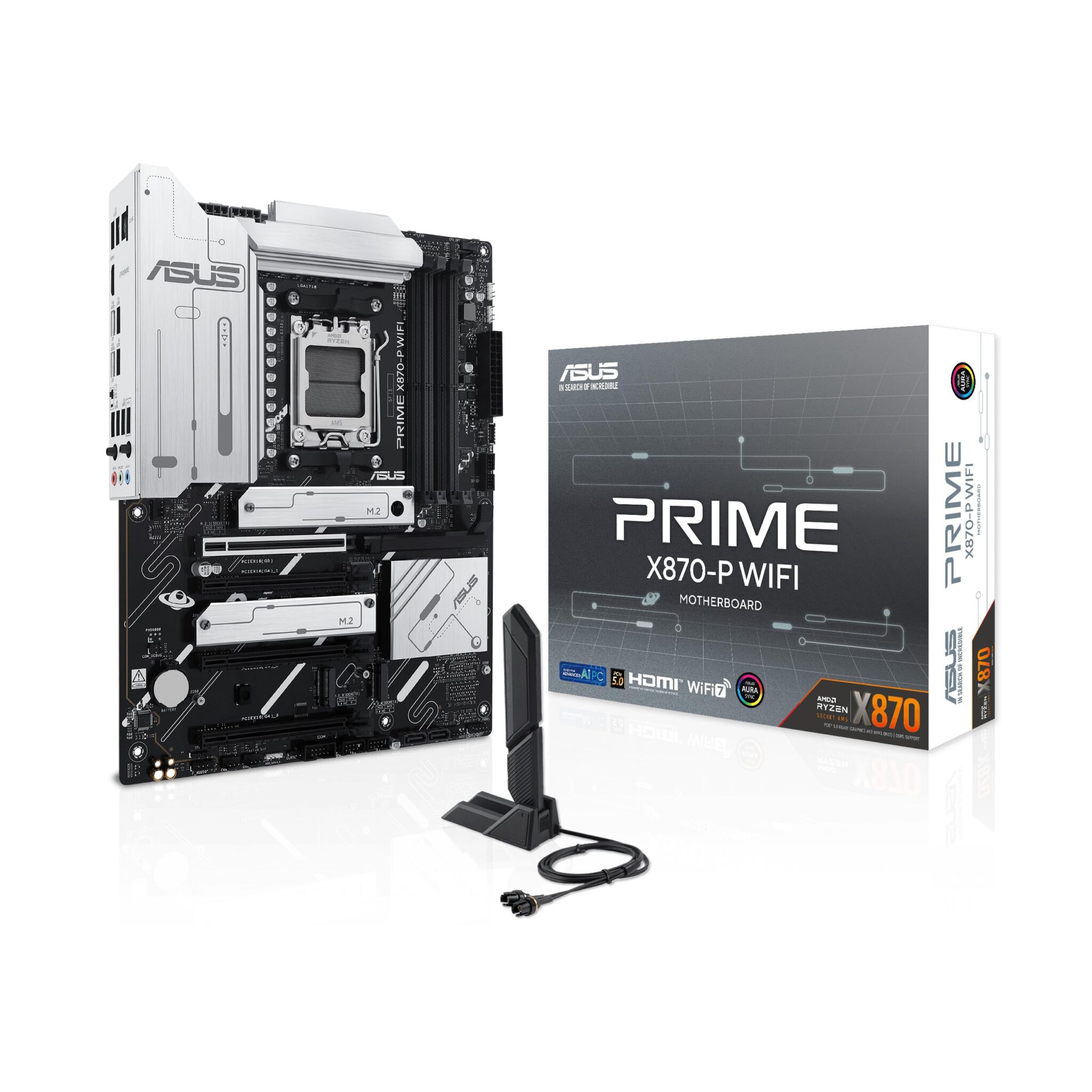 ASUS PRIME X870-P WIFI AMD ATX motherboard, 14+2+1(80A) power stages,PCIe 5.0 x16 slot with full support for next-gen graphics cards, four M.2 slots, DDR5 slots, WiFi 7, Q-Antenna