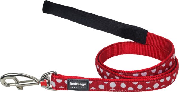 Red Dingo Dog Lead 1.2m Design, White Spots on Red, Size Small (15mm x 1.2m)