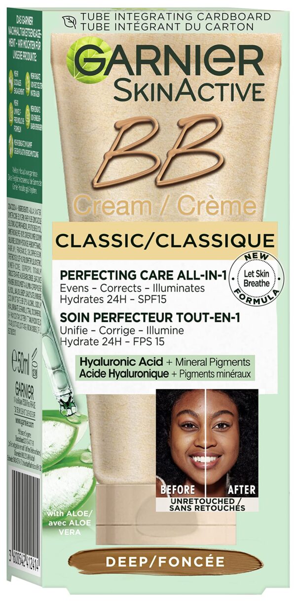 Garnier SkinActive Classic Perfecting All-in-1 BB Cream, Shade Classic Deep, Tinted Moisturiser SPF 15, Brightens and Evens Skin, With Hyaluronic Acid, Aloe & Mineral Pigments, 50 ml