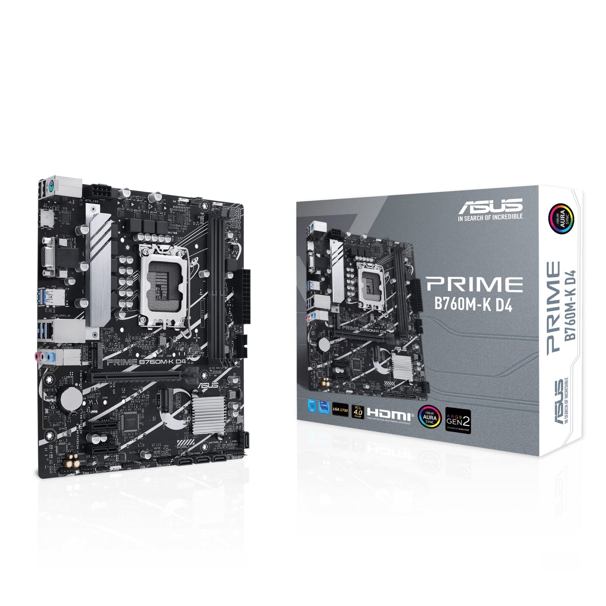 ASUS Prime B760M-K D4, an Intel® B760 LGA 1700 mATX motherboard with PCIe 4.0, two PCIe 4.0 M.2 slots, DDR4, Realtek 2.5Gb Ethernet, VGA, HDMI®, SATA 6 Gbps, front USB 3.2 Gen 1, Aura Sync