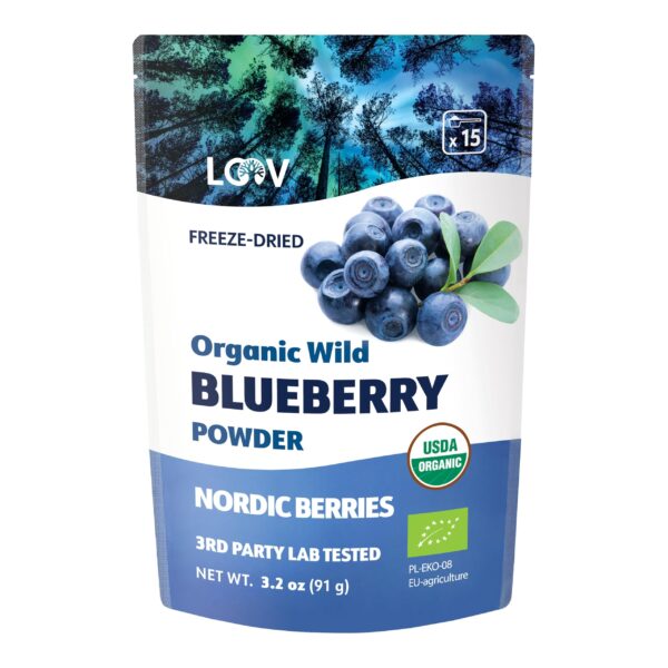 LOOV Wild Blueberry Powder Organic, Wild-Crafted from Nordic Forests, 100% Whole Fruit Bilberry, 15-Day Supply, 91 g, Freeze-Dried and Powdered Blueberries, No Added Sugar