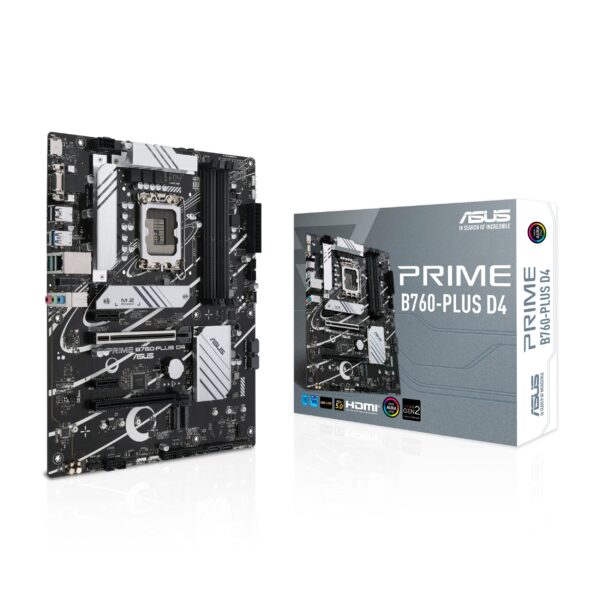 ASUS Prime B760-PLUS D4, an Intel B760 LGA 1700 ATX motherboard with PCIe 5.0, three PCIe 4.0 M.2 slots, DDR4, Realtek 2.5Gb Ethernet, DisplayPort, VGA, HDMI, SATA 6 Gbps, USB 3.2 Gen 2x2 Type-C