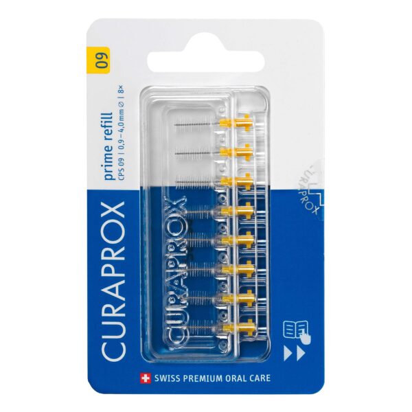 Curaprox CPS 09 Prime Refill Interdental Brushes, Yellow, 8 Count - 8 x 0.9mm - 4mm Internal Toothbrushes.