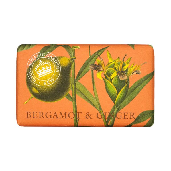 The English Soap Company Royal Botanical Gardens Kew Wrapped Soap Bar, Bergamot Shea Butter Soap Bar, Moisturising Soap Bar for Face and Body, Bergamot and Ginger Scent 240g