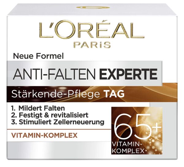 L'Oréal Paris Anti-Falten Experte Tagescreme 65+, Anti-Age Gesichtscreme mit Vitamin Komplex, mildert tiefere Falten, festigt und vitalisiert die Haut, 50ml