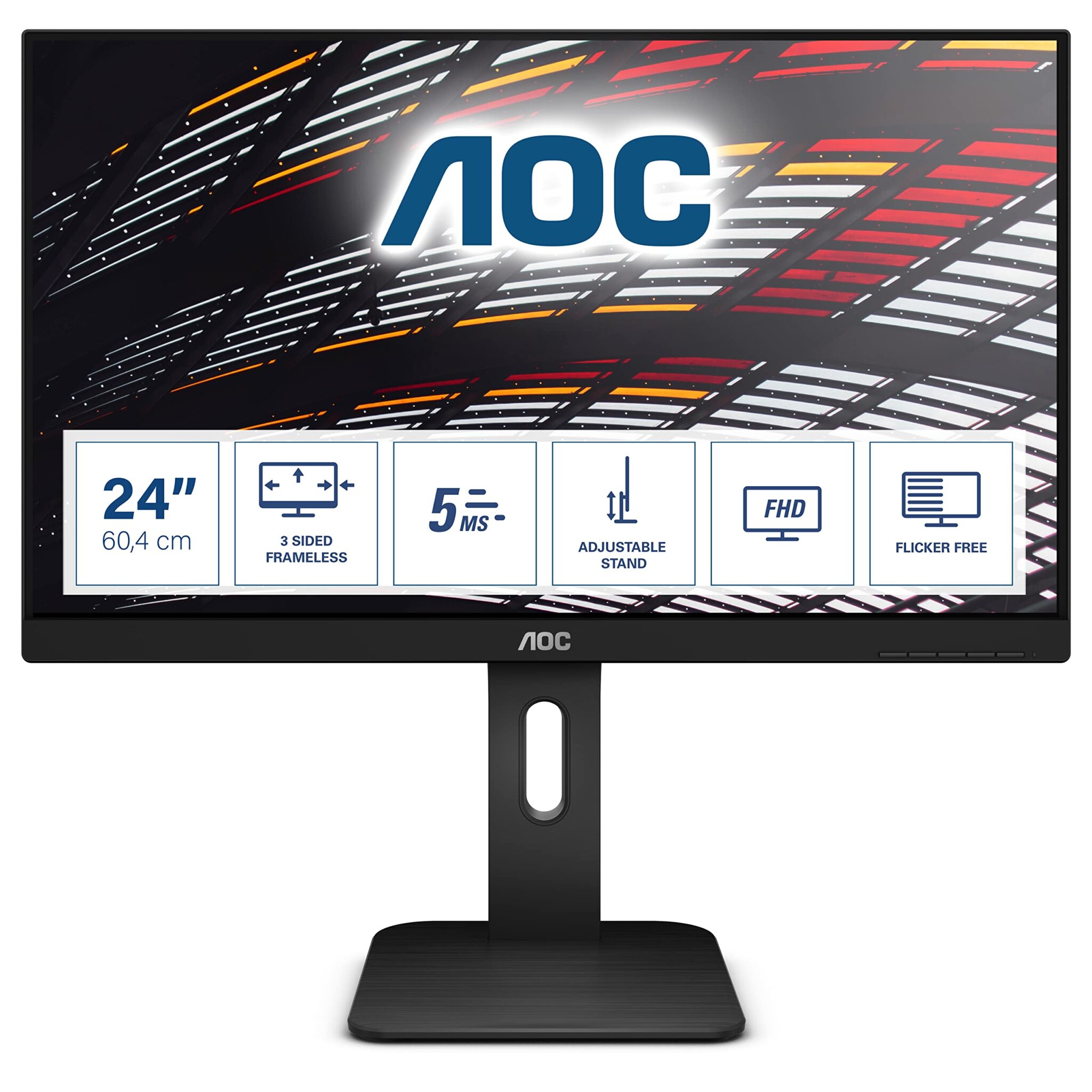 AOC 24P1 - 24 Inch FHD Monitor, 60Hz, 5ms, IPS, Speakers, Height Adjust, USB Hub, Flicker Free (1920x1080 @ 60Hz, 5ms, IPS, 250cd/m², HDMI/VGA/DVI/DP/USB 3.2)