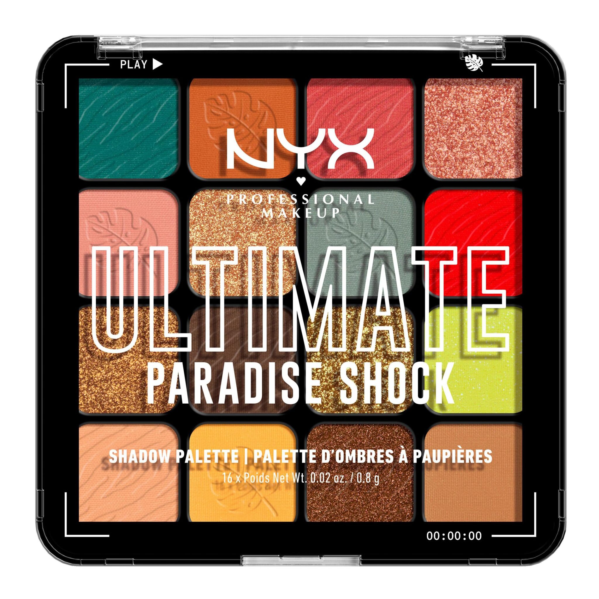 NYX Professional Makeup Ultimate Shadow Palette, 16 Vibrant True-To-Pan Eyeshadow Shades, Metallics, Shimmers, Colours and Nudes in Pressed Pigments, Vegan, Paradise Shock, 0.8 g