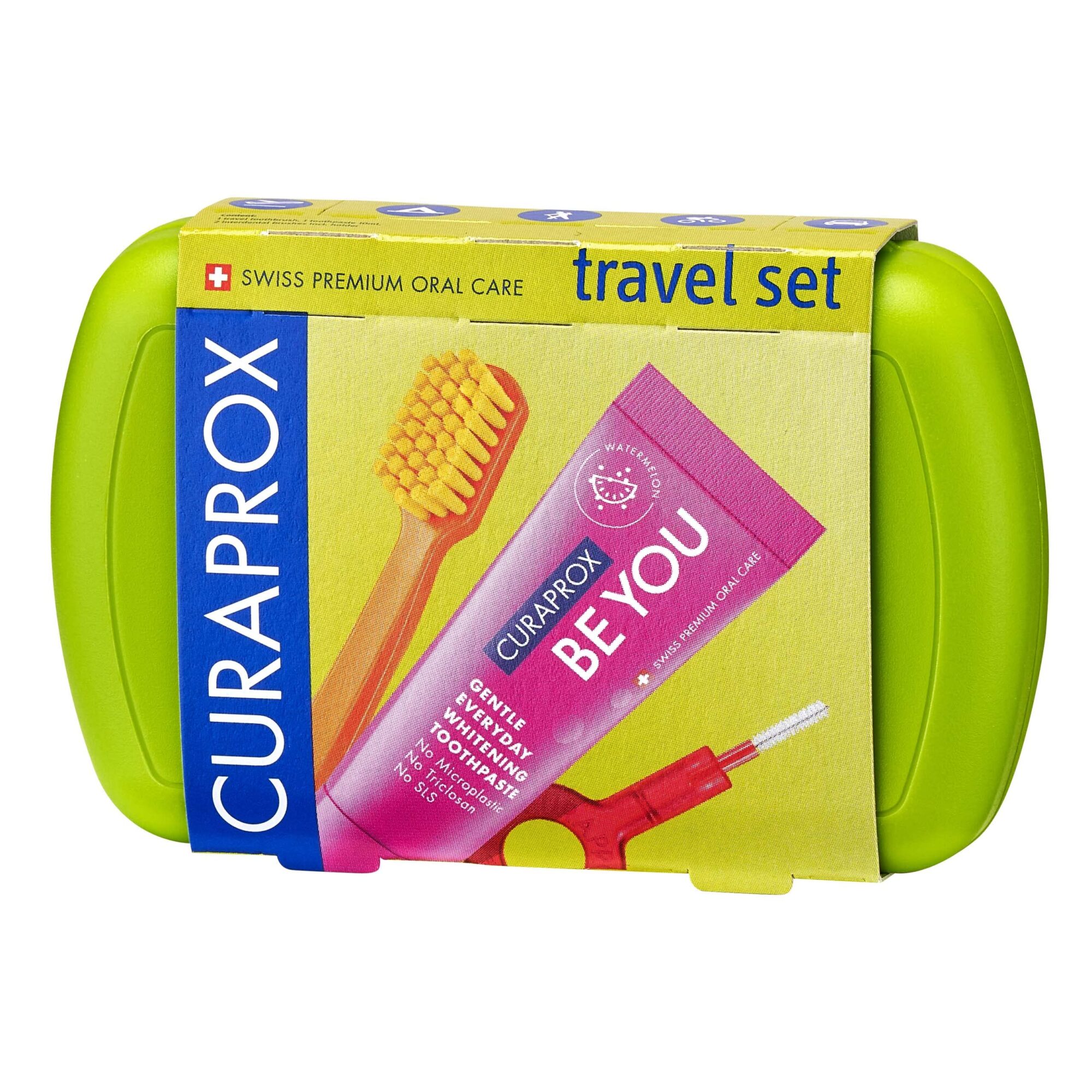 Curaprox Travel-Set Green - Clip-Together Travel Toothbrush CS 5460 + "Be You Travel Toothpaste + 2 interdental Brushes CPS Prime 07 and 09 - Travel Dental Care Set 9.5 cm x 6 cm