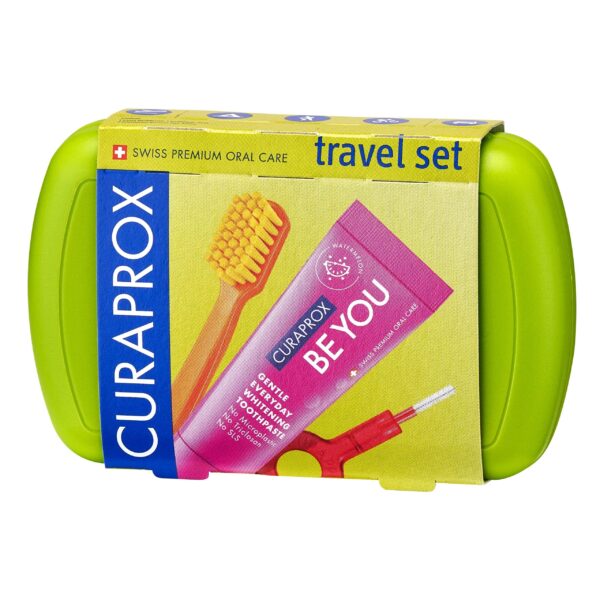 Curaprox Travel-Set Green - Clip-Together Travel Toothbrush CS 5460 + "Be You Travel Toothpaste + 2 interdental Brushes CPS Prime 07 and 09 - Travel Dental Care Set 9.5 cm x 6 cm