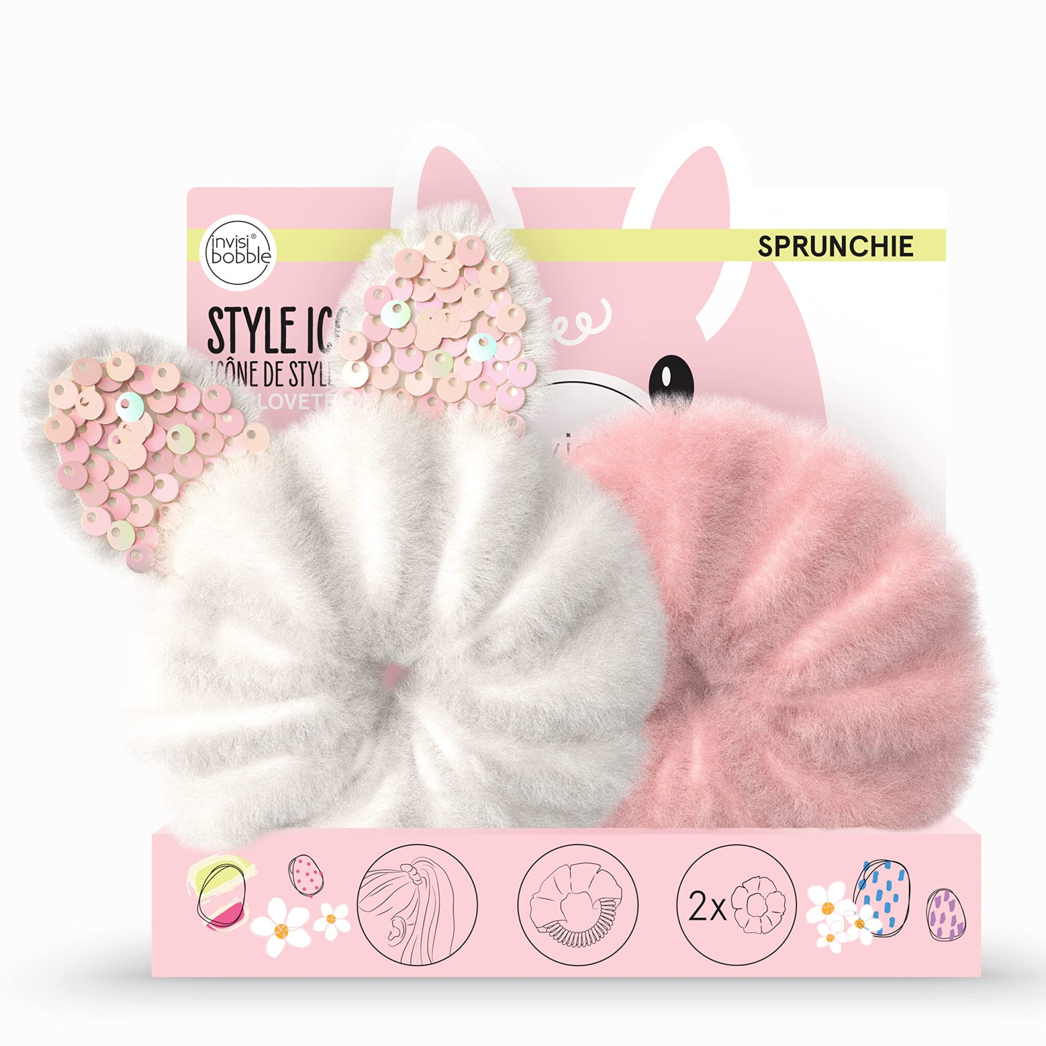 invisibobble Kids Scrunchie Set Girls I 2 x Hair Bobbles Bunny Ears White Pink I Super Cute Plush Scrunchies I Gifts for Girls I Hair Accessories Fluffy