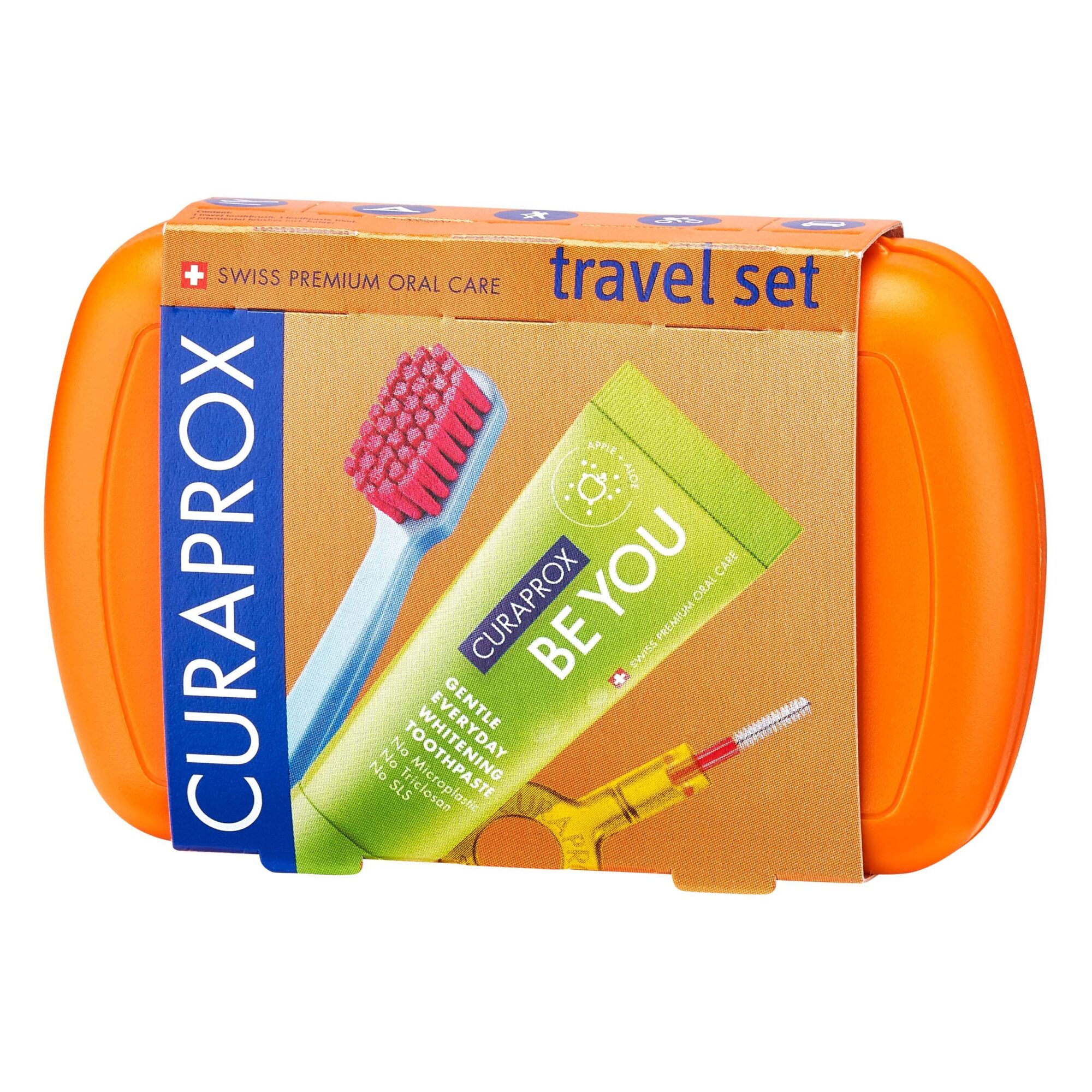 Curaprox Travel-Set Orange - Snap-Together Travel Toothbrush CS 5460 + "Be You Travel Toothpaste + 2 interdental Brushes CPS Prime 07 and 09 - Travel Dental Care Set 9.5 cm x 6 cm