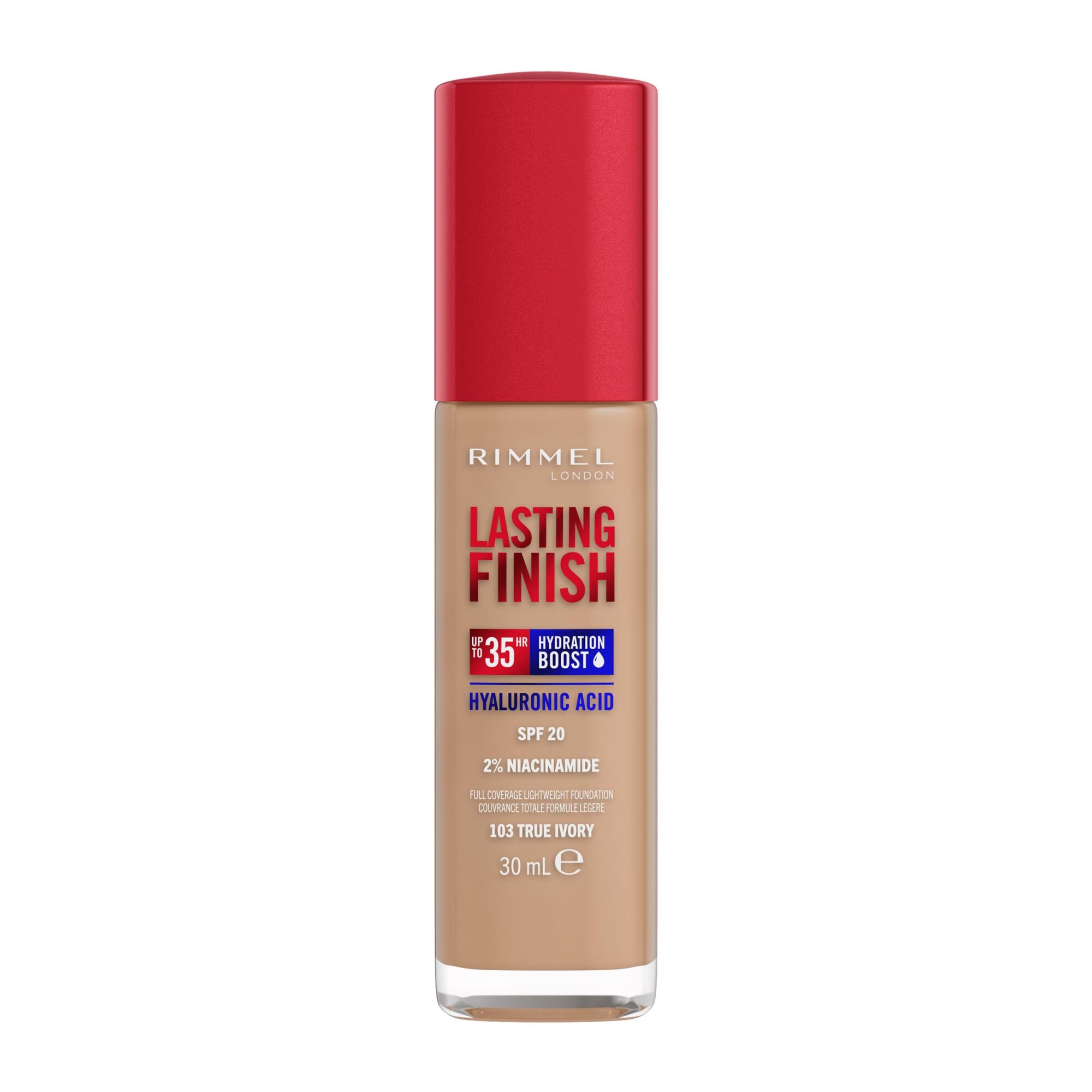 Rimmel Lasting Finish 35Hr Foundation 103 True Ivory, Full Coverage, Hydrating, SPF20, Hyaluronic Acid, Vitamin E, 2% Niacinamide, All Day Wear, Vegan, Cruelty Free