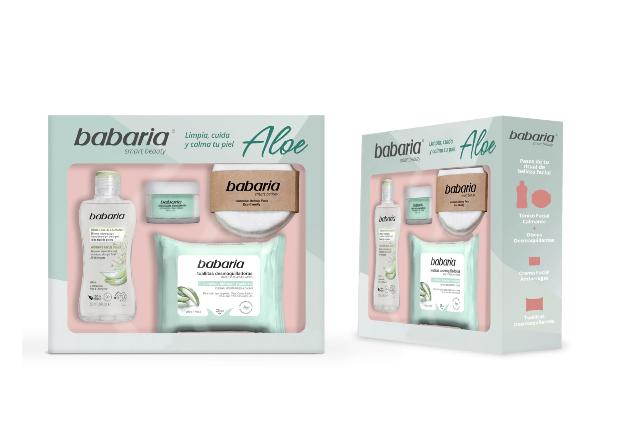 Babaria - Aloe Cleansing Pack, Includes Facial Toner 200ml, Anti-Wrinkle Cream 50ml, Makeup Remover Wipes 25 Units and Reusable Pads, With Aloe Vera and Vitamins C and E, Cleans and Soothes