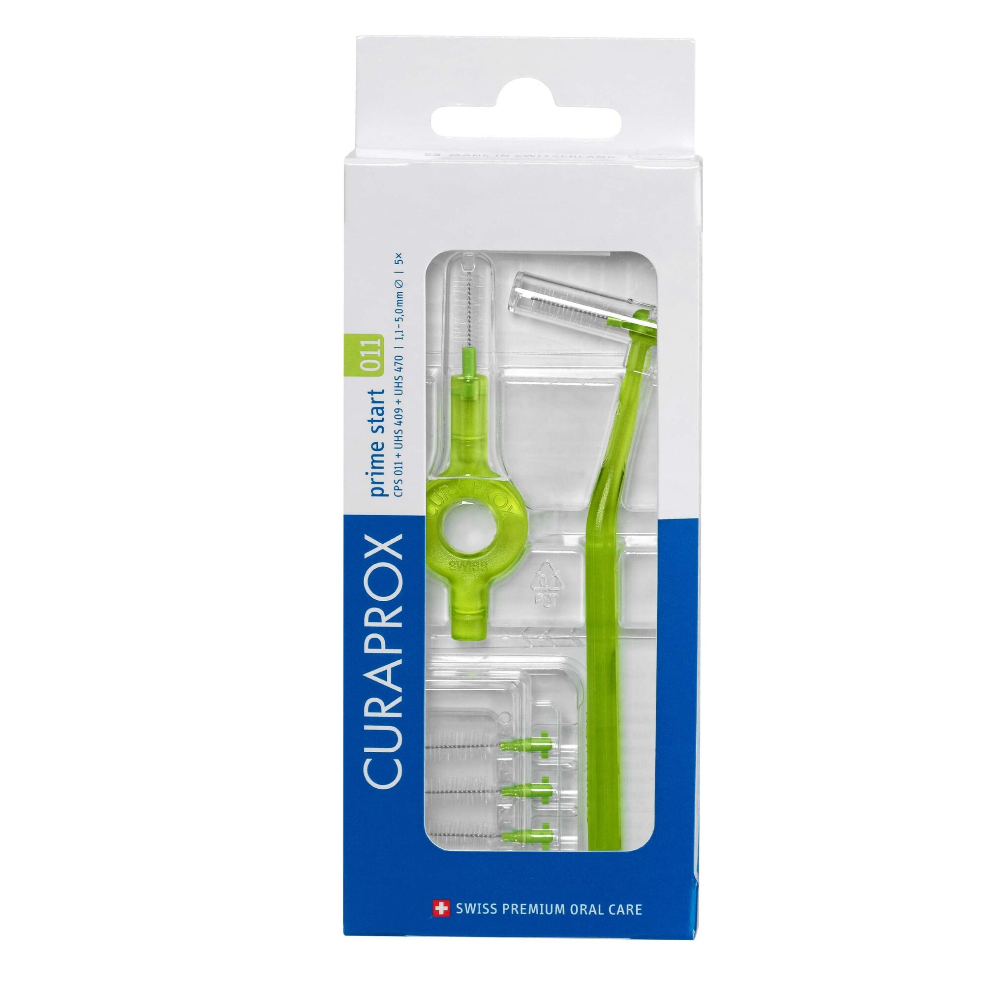 Curaprox CPS 011 Prime Start Interdental Brush Kit, Lime Green - 5 x 1,1mm - 5,0mm Interdental Brushes + 2 Interdental Toothbrush Holders