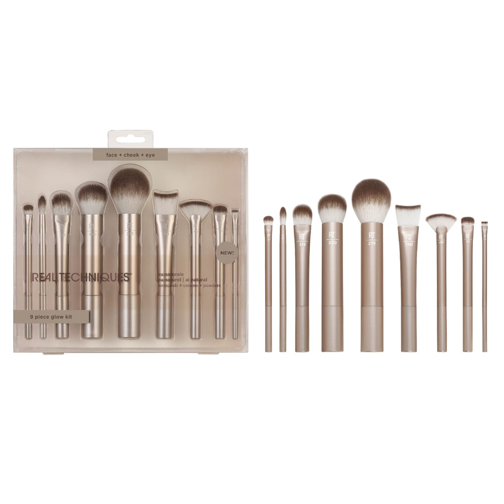 REAL TECHNIQUES Au Naturale Makeup Brush Kit, For Foundation, Powders, and Concealers, Premium Quality Face Brushes, 9 Piece Set, Gold