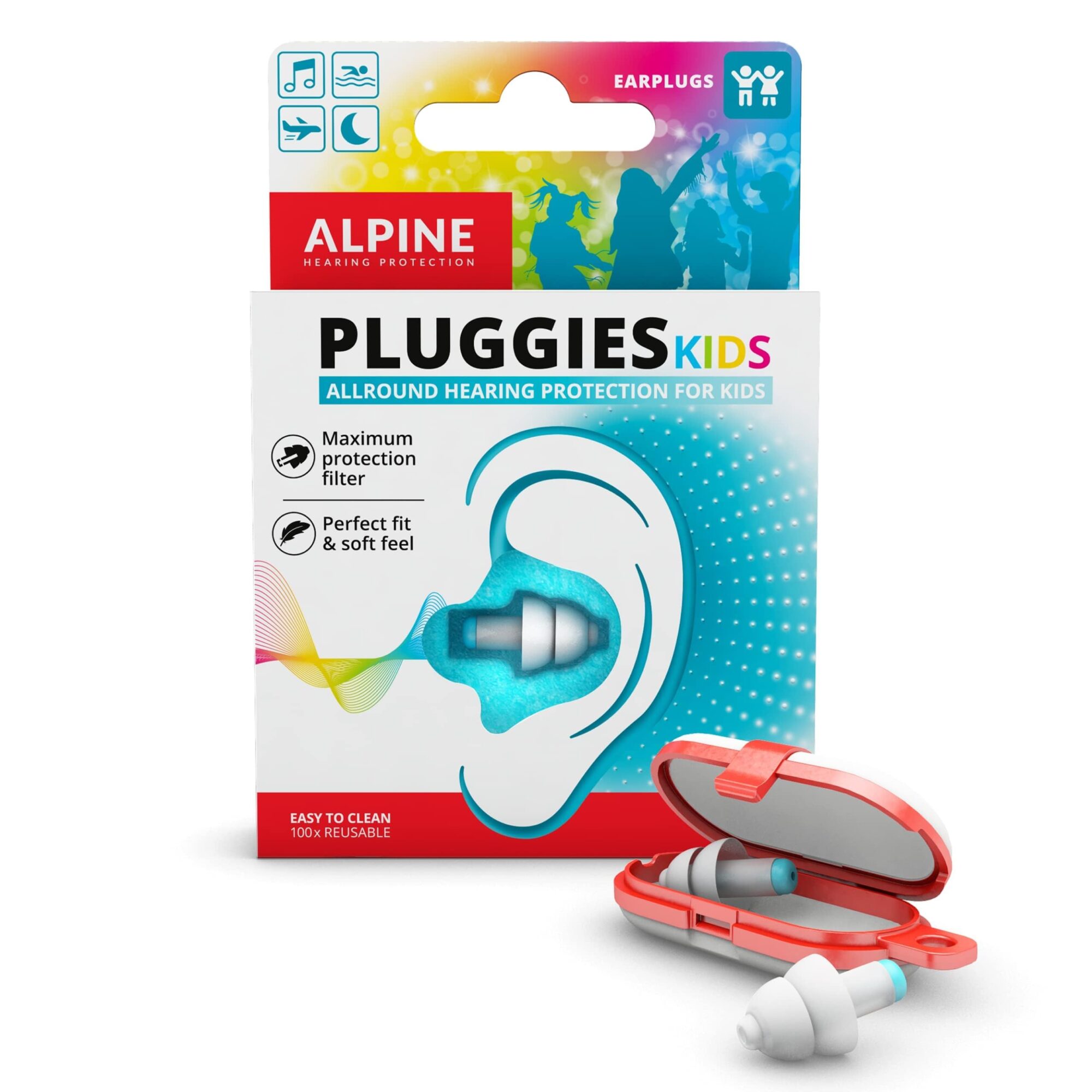 Alpine Pluggies Kids Ear Plugs for Small Ear Canals ? Noise Cancelling Earplugs for Kids Age 5-12 Multifunctional Hearing Protection for Flying and Swimming - Hypoallergenic Reusable Filter Earplugs