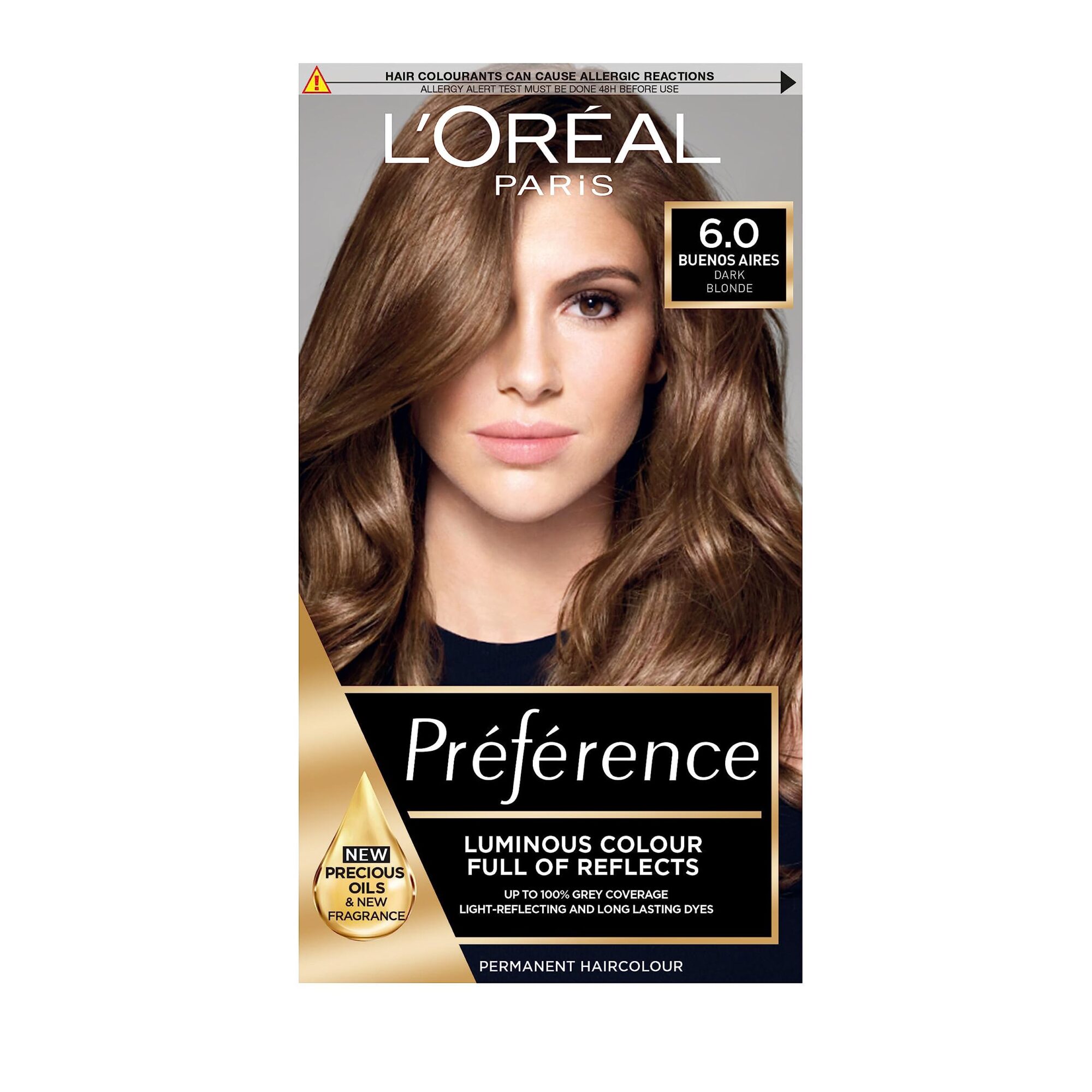 L?Or?al Paris Luminous Colour Permanent Hair Dye, 6 Buenos Aires Dark Blonde, Up to 100% Grey Coverage, Long-lasting Radiance Hair Colour, All Hair Types, Preference, 1 Application