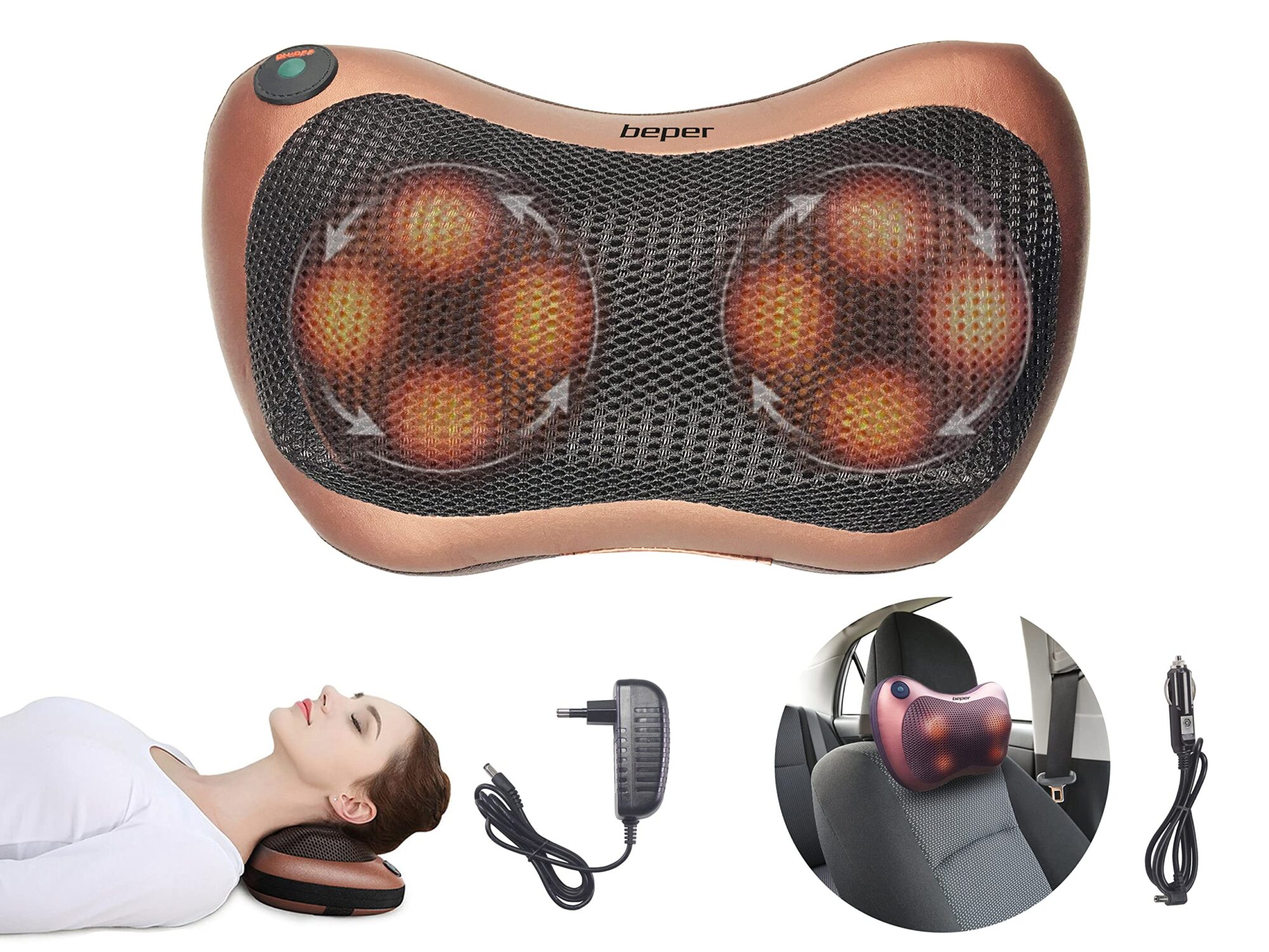 BEPER 40.501 Massage Pillow, Car Adaptor Included, 4 Massage Nodes, Clockwise and Anti-clockwise Alternating Rotation, ON/Off Button, Promotes Circulation and Muscle Relaxation